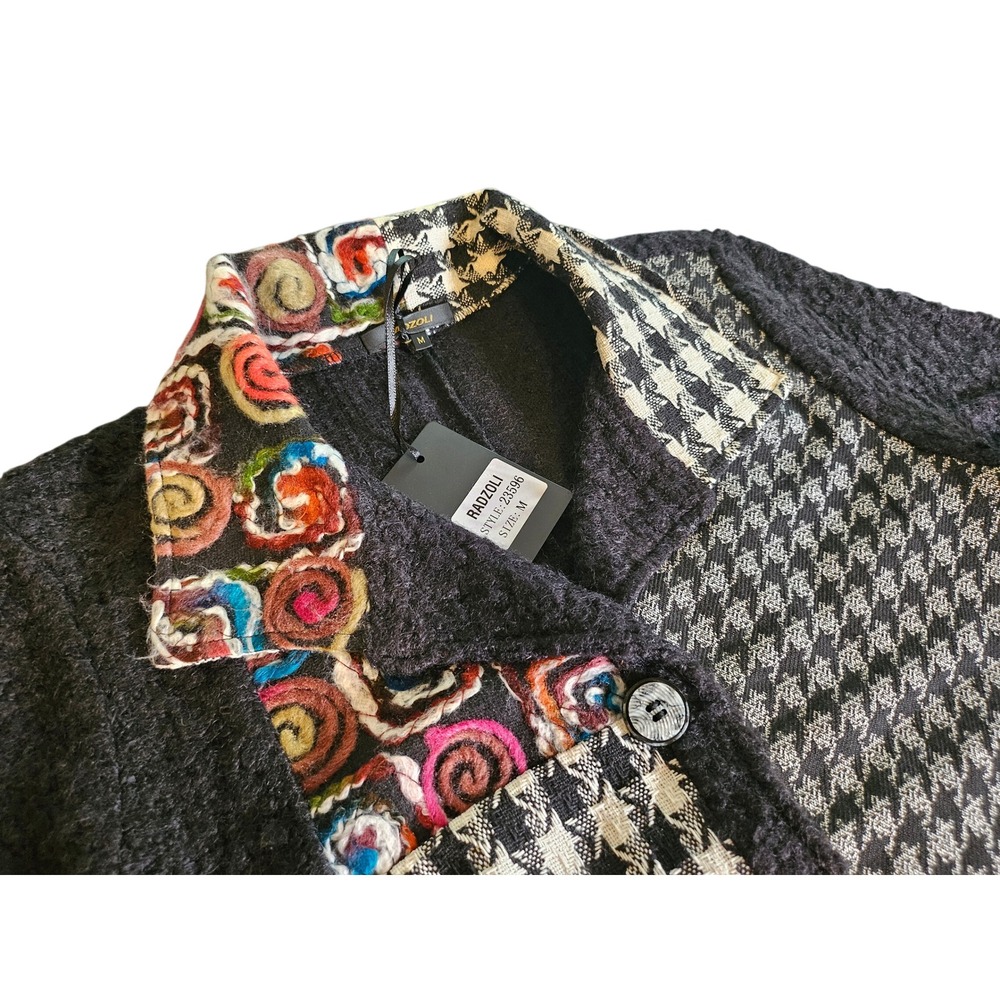 Radzoli Patchwork Jacket Womens M Black Multi Houndstooth Embroidered Cardigan